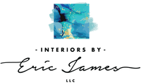 Interiors by Eric James LLC logo: teal and gold watercolor abstract mark above the typeset wordmark in script and serif