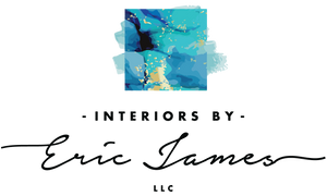 Interiors by Eric James LLC logo: teal and gold watercolor abstract mark above the typeset wordmark in script and serif
